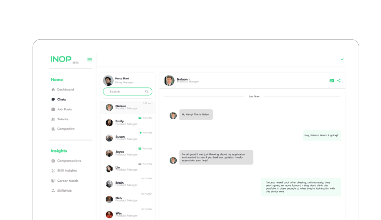 INOP chat interface connecting hiring managers and candidates