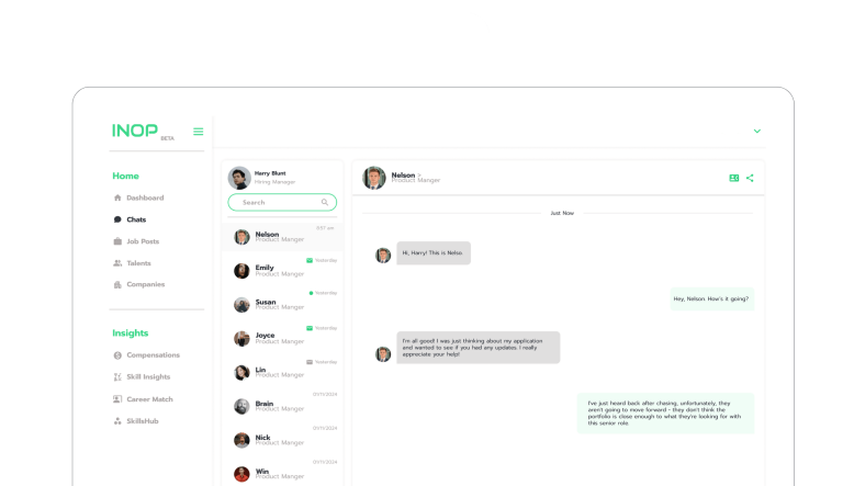 INOP chat interface connecting hiring managers and candidates