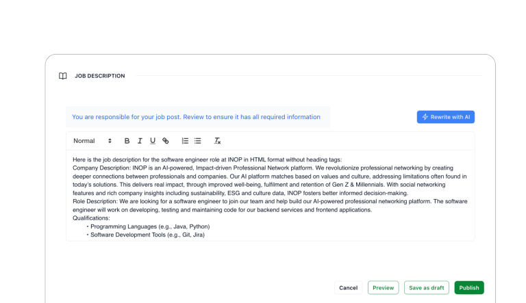 AI recruitment platform interface automating job descriptions for HR teams.