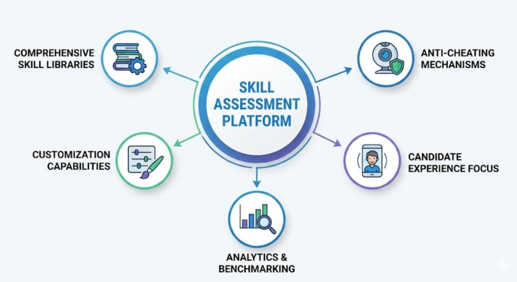 Key features of top skill assessment platforms including skill libraries, customization, anti-cheating, candidate experience, and analytics.