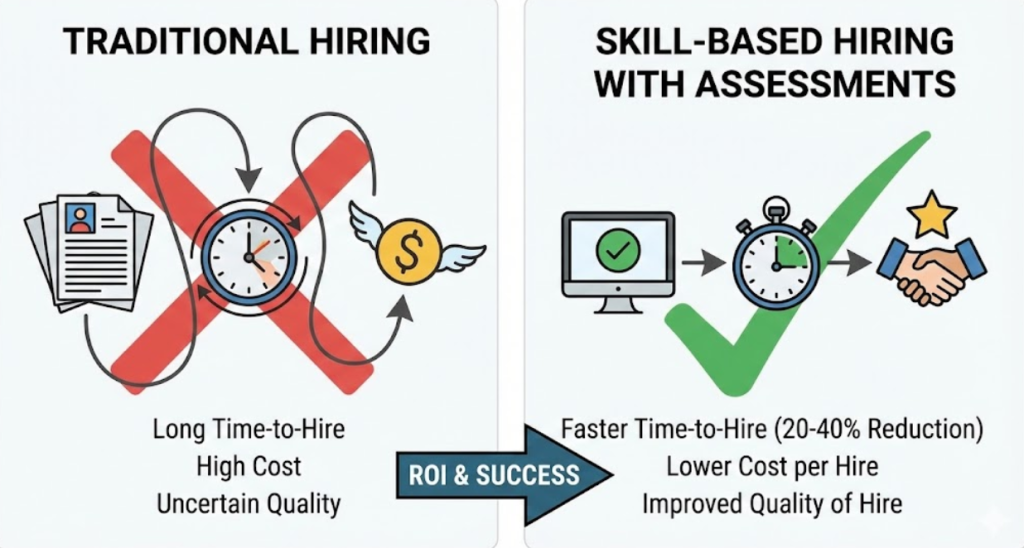 Comparison infographic showing the ROI of skill-based hiring with assessments versus traditional hiring methods, highlighting faster time-to-hire and lower costs.