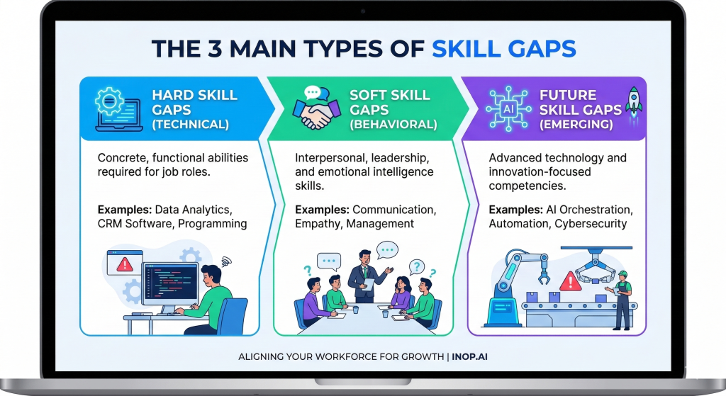 Diagram illustrating the three main types of skill gaps in the workplace: hard technical skills, soft behavioral skills, and emerging future skills.