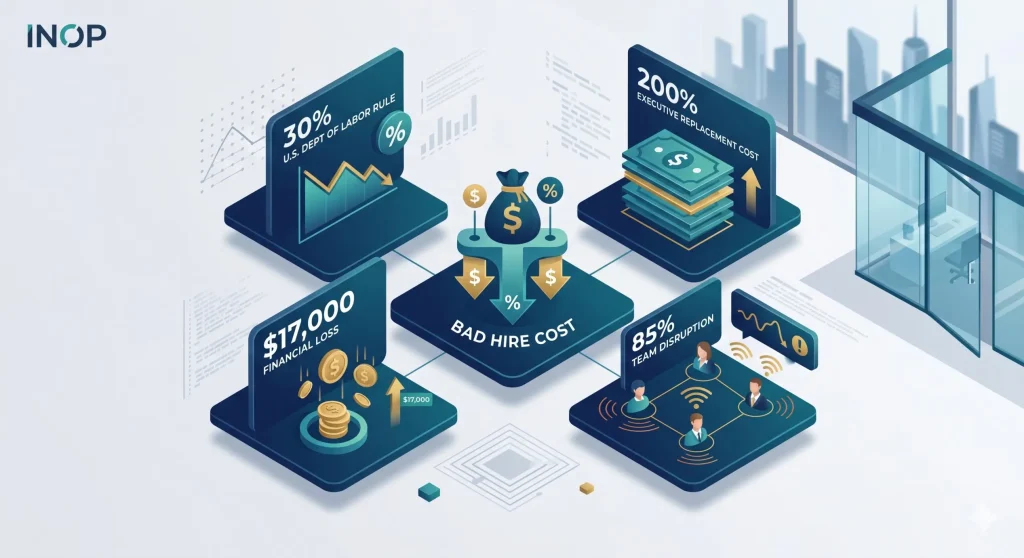 Infographic illustrating 2026 cost of a bad hire statistics, including financial loss, team disruption, and replacement cost as a percentage of salary.