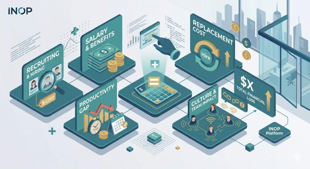 Illustration of a calculator and the 2026 HR formula used to calculate the true cost of a bad hire, including recruiting fees, productivity gaps, and replacement costs.