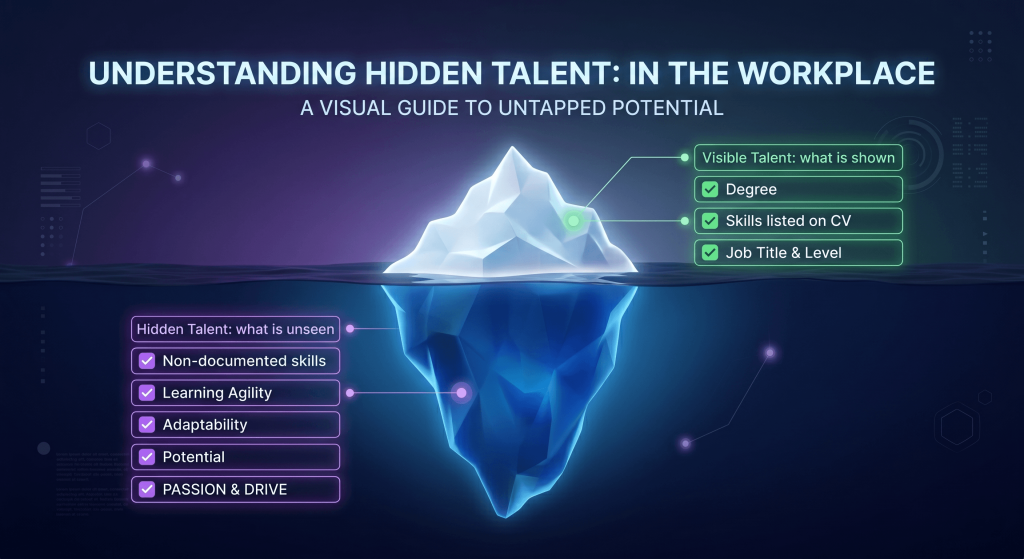 What is a hidden talent? An iceberg diagram explaining the hidden talent meaning, showing visible skills above water versus unseen potential below.