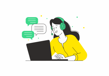 A flat illustration of a woman wearing a headset, representing customer service or support