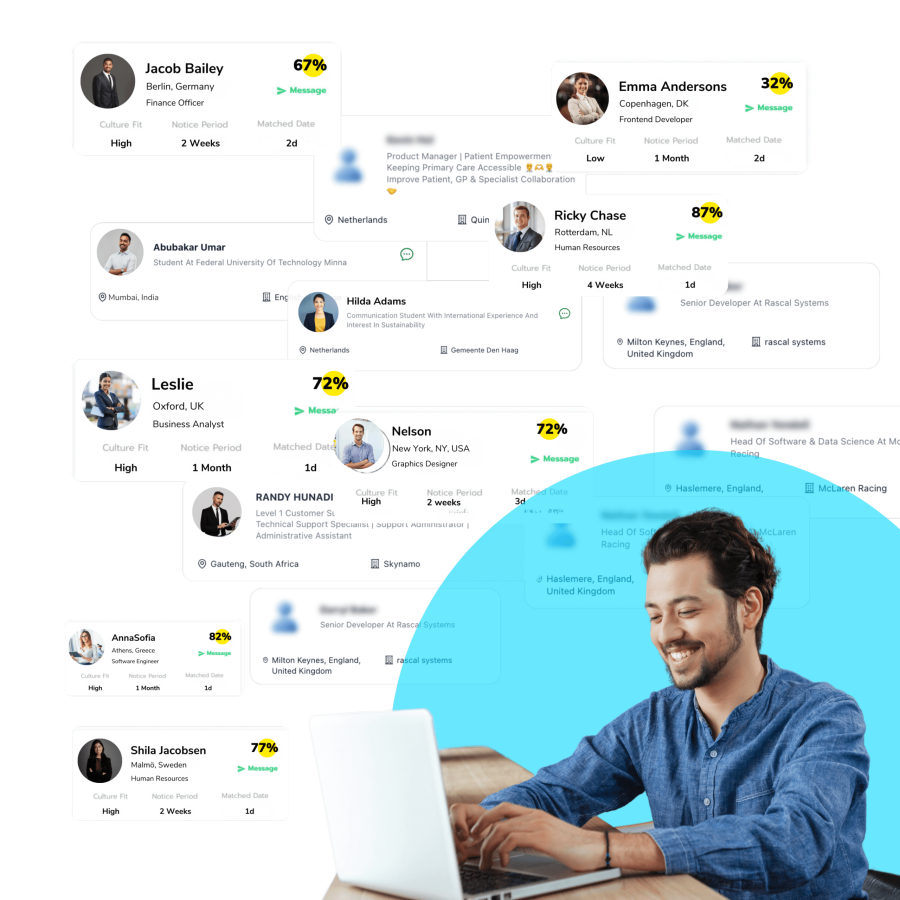 NEW-website-images-9 (1) Smiling man using a laptop with an overlay of the INOP platform analysing candidate profiles, culture fit scores, and matching insights